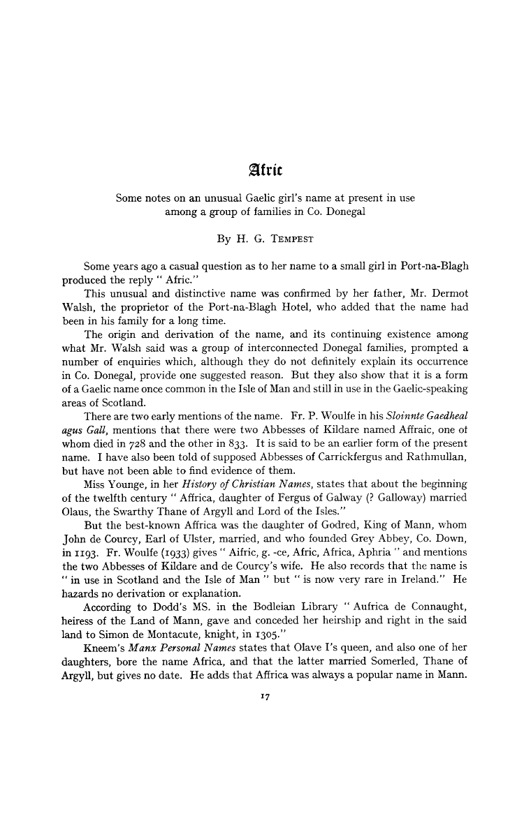 Tempest article on the name Aifric